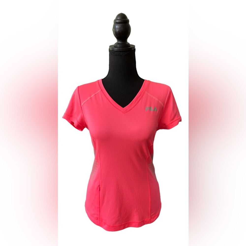 FILA: Hott Pink V Neck Running Shirt with Small Front Zipper Pocket